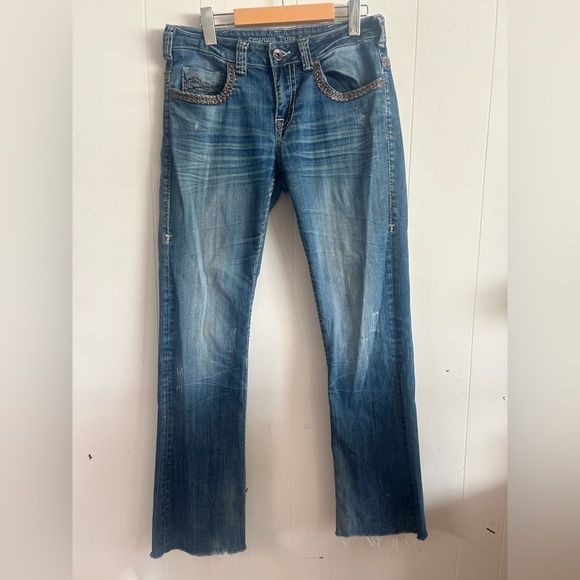 Cowgirl Tuff Blue Denim Jeans size 29, frayed hems, horse graphic on pockets - Picture 2 of 12